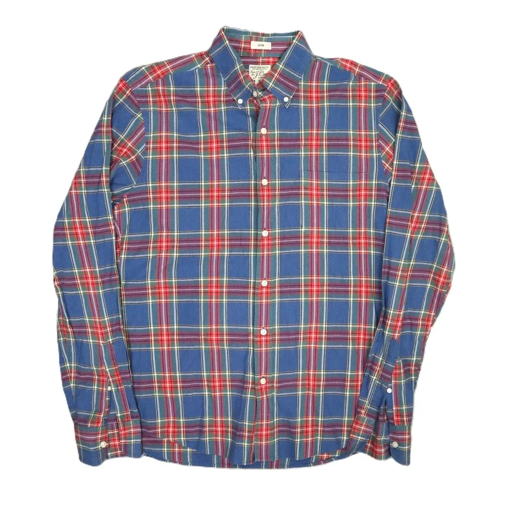 J.Crew Secret Wash Organic Cotton Blue Red Plaid Shirt‎ M Slim Fit Mauritius